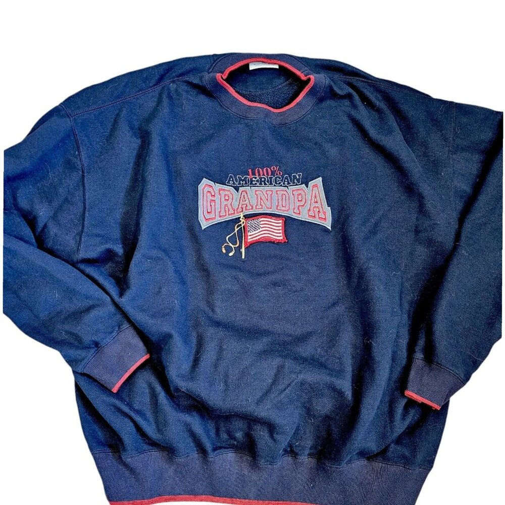Vintage 90s Y2K American Grandpa Crewneck Sweatshirt Navy Blue 2X Patriotic